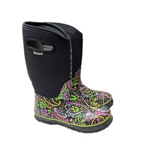 Bogs Tuscany High Rain Snow Boots Girls Sz 4 Paisley Floral Waterproof -30 Black